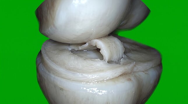 Close-up anatomical model demonstrating bucket-handle meniscus tear in medical training setup
