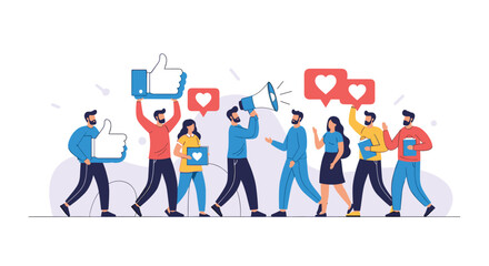 Fototapeta premium Diverse crowd of people marching and holding social media icons like thumbs up hearts and megaphones.