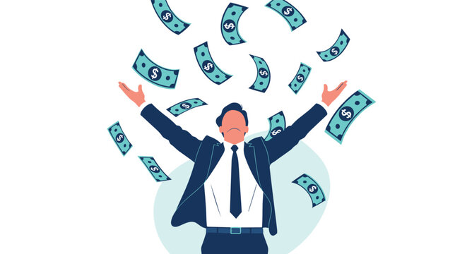 Happy businessman raising his hands in success under a rain of falling dollar bills representing wealth.