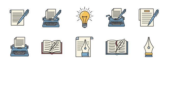 Creative writer icons set with classic typewriters, feathers, open books, ink pens, and a glowing lightbulb.