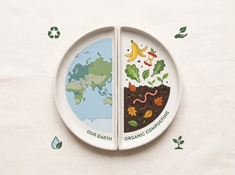Educational illustration plate showing earth and organic composting cycle