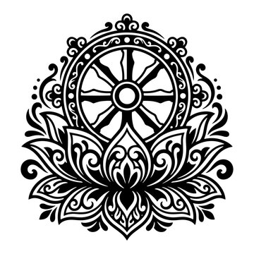Dharmachakra wheel of law on ornate blooming lotus flower in decorative tattoo style