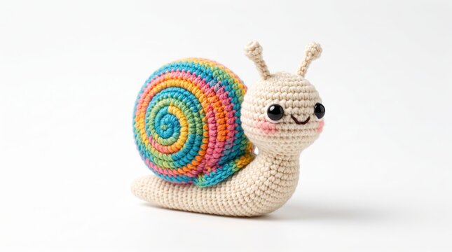 Cute Crochet Snail Plushie with Rainbow Shell Amigurumi Toy on White Background