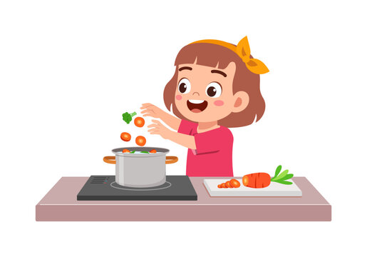 Happy smiling girl cooking healthy food dropping chopped vegetables into a pot in kitchen