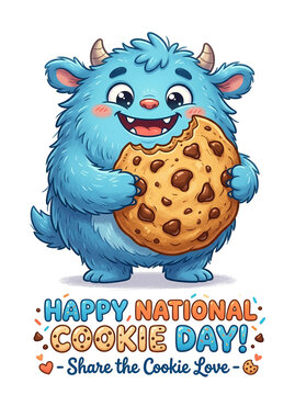 Happy cartoon monster holding a cookie