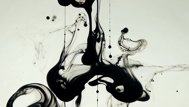 Creative 4K Ultra HD motion graphics animation featuring dynamic black ink drops splatters and organic blotch textures spreading across a stark white background providing expressive luma matte