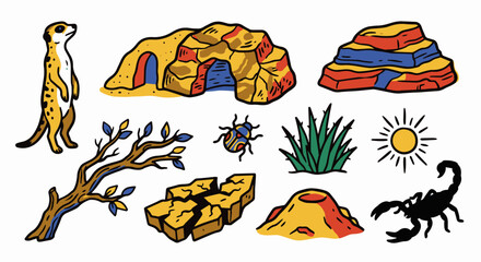 Obraz premium Cute Hand-Drawn Leopard Gecko and Vivarium Decor 10 Objects 5-Color Doodle Set