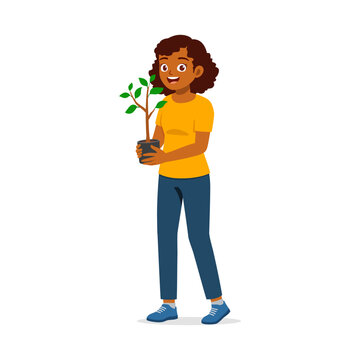 Happy smiling African American woman holding a small potted plant ready for gardening or planting