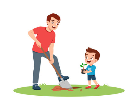 Smiling Asian father and son happily planting a small tree in the garden showing joyful teamwork