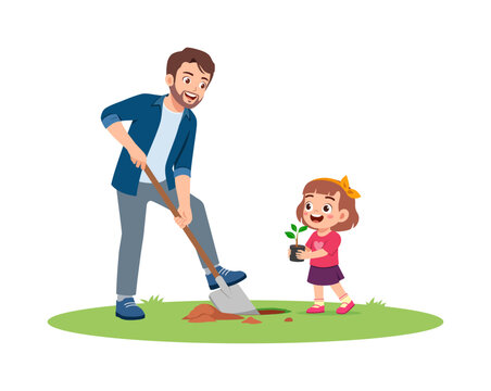 Happy father and daughter planting a small tree together on green grass smiling illustration