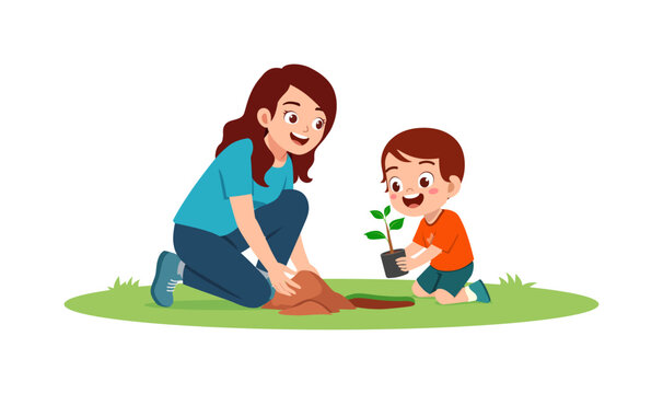 A happy Asian woman and a cute Asian boy are cheerfully planting a small seedling outdoors in the grass