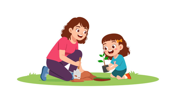 Happy Asian mother and daughter smiling while planting a small green tree seedling outdoors together