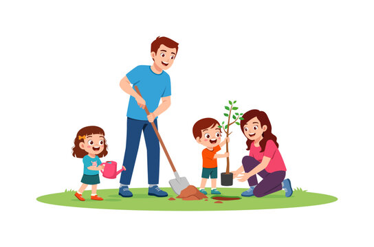 Happy Asian family planting a young tree together in a garden demonstrating environmental care and joy