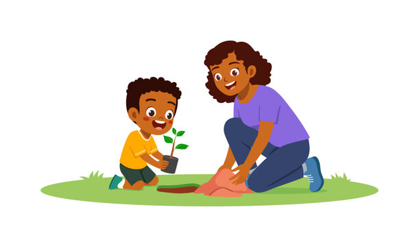 Happy African American Woman and Child Planting a Tree Together in Green Grass Smiling with Joy