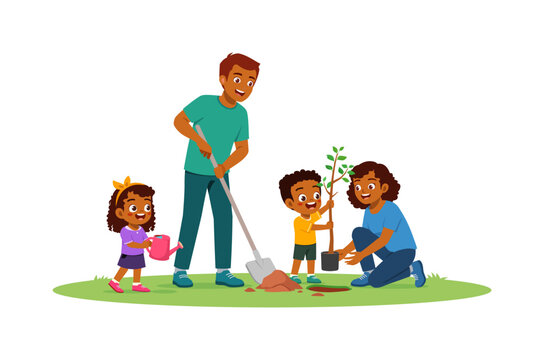 Happy African American family enjoying planting a tree together smiling outdoors learning about nature