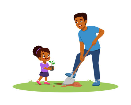 Smiling African American man digging a hole with a shovel while little girl holds a plant ready to plant