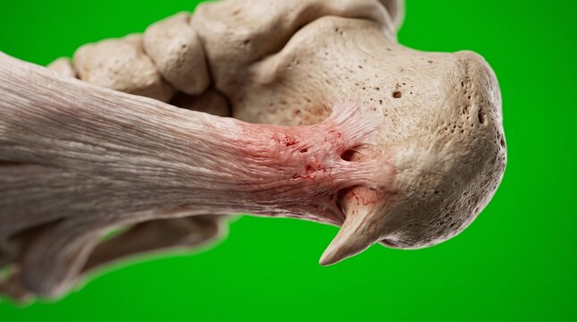 Close-up of human heel showing plantar fasciitis inflammation and heel spur growth on green studio background