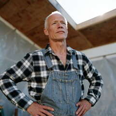 Fototapeta premium Determined senior builder in plaid shirt and denim overalls under attic skylight for renovation and construction banner design and contractor profile