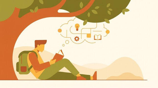 A man sitting under a tree, reading a book, with a thought bubble showing ideas and knowledge.