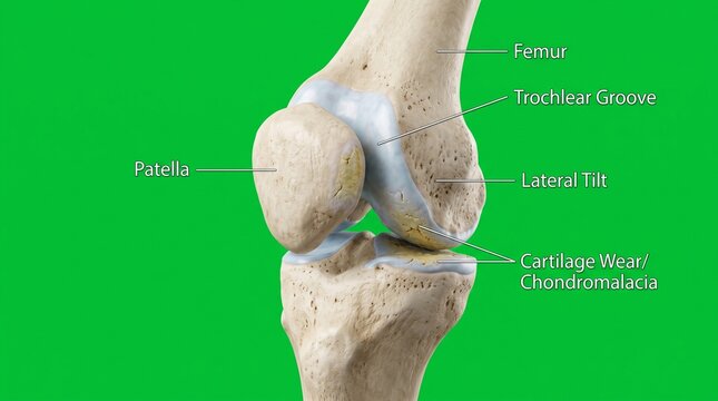 Anatomical model of knee joint highlighting patella, femur, and tibia for medical education and diagnostics