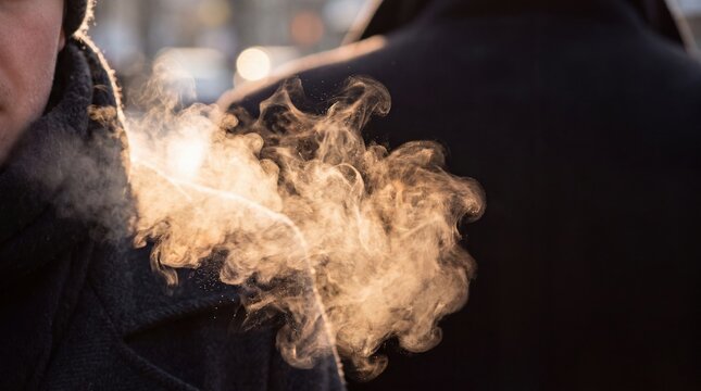 Person exhaling visible breath vapor in cold winter air at night
