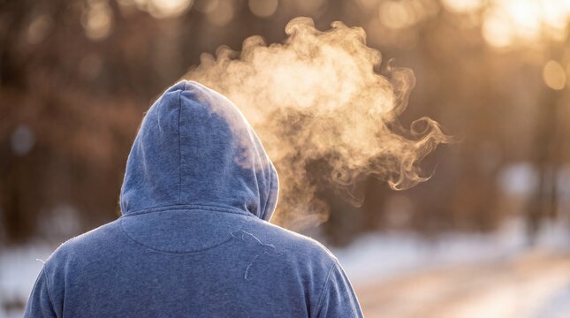 Person in blue hoodie exhaling visible breath in cold winter air