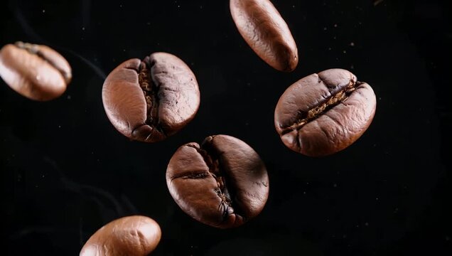 Aromatic 4K super-slow-motion macro video showcasing a multitude of freshly roasted coffee beans bursting through the air completely isolated against a solid black studio backdrop for premium