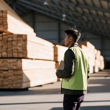 Male warehouse worker with tablet walking past stacked planks in timber depot for inventory inspection or logistics banner and background