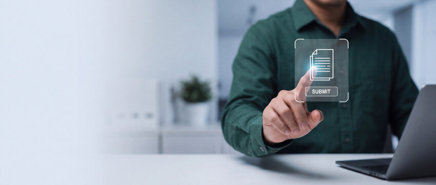 Man submitting digital document through virtual interface. Modern paperless office and online application concept.