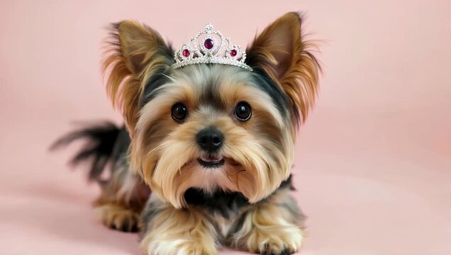 Adorable 4K pet commercial featuring a close-up of a tiny Yorkshire Terrier puppy wearing a miniature golden princess crown playfully sniffing toward the lens against a pastel pink background