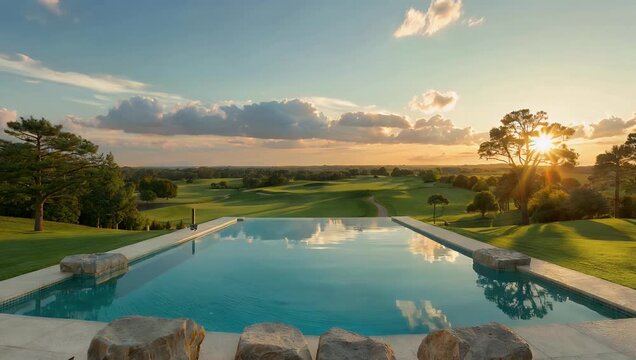 Indulge in the ultimate luxury retreat with lavish 4K Ultra HD resort video which showcases a serene and stunning infinity pool that overlooks a lush manicured golf course and the distant horizon