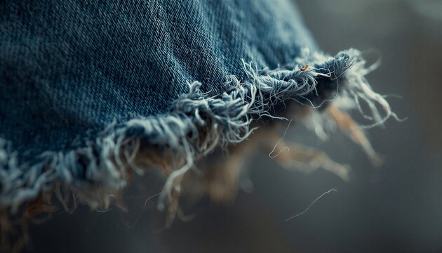 Close up of frayed hem on blue denim jeans textue