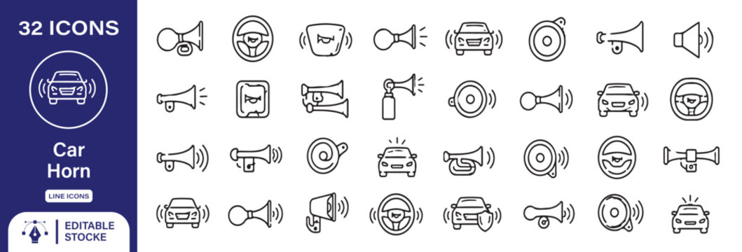 32 Car Horn Vector Outline Icons Set &ndash; Horn, Hooter, Vehicle Warning, Sound, Driving and Automobile Line Symbols Collection