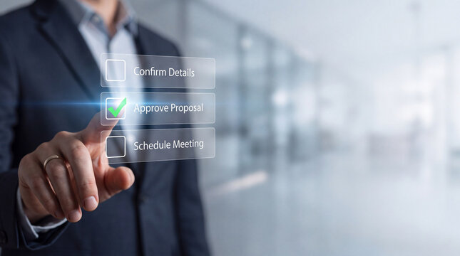 Businessman using futuristic digital touch screen to approve business proposal and manage tasks via virtual interface.