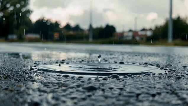 Atmospheric 4K close-up captured during a seasonal rain shower focusing on heavy water droplets falling into large puddles on a dark asphalt road showing ripples forming outside