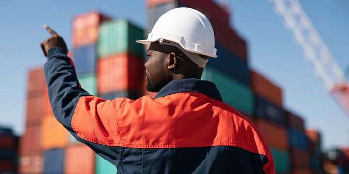 Port worker pointing at stacked shipping containers wearing hard hat and hi vis jacket for cargo coordination and safety banner background