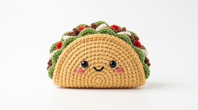Cute crochet taco plushie toy with a smiling face isolated on a white background