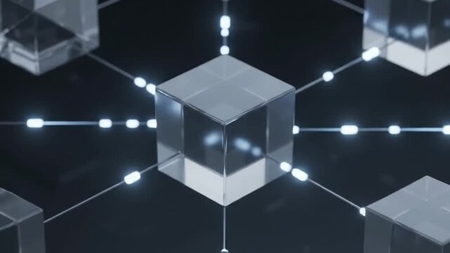 Digital Network of Transparent Cubes Futuristic Connection Data Flow Animation