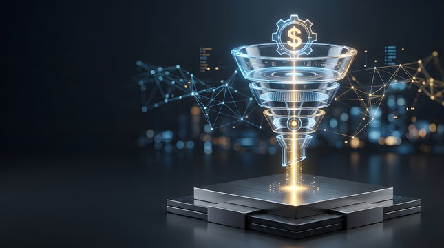 Digital sales funnel with glowing dollar sign gear representing financial conversion and data monetization in tech network.