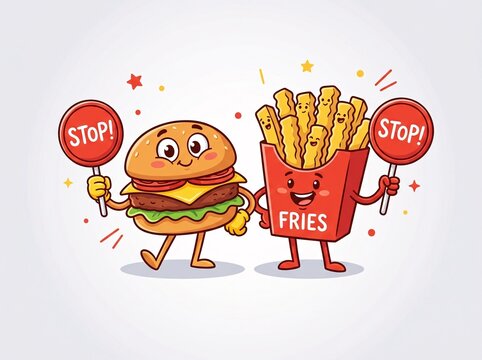 Cute burger and fries characters holding stop signs with fast food