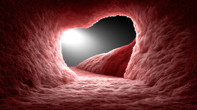 Tunnel leading to bright light with soft pink textured walls abstract textured conceptual interior
