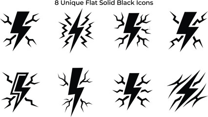 Fototapeta premium Collection Of Eight Unique Flat Solid Black Icons Showing Lightning Bolts With Cracks