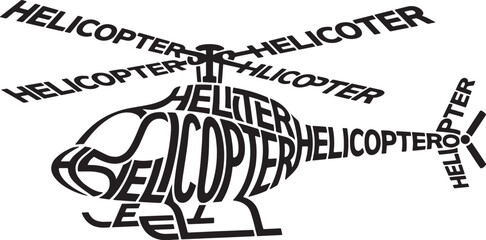 Fototapeta premium Helicopter typography black silhouette of a flying aircraft shaped by the word helicopter