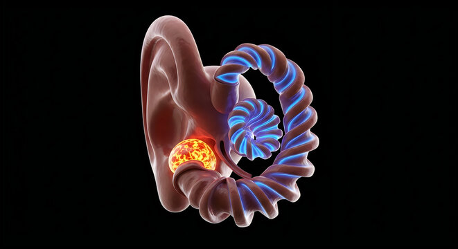 A visual representation of the human inner ear and cochlea structure with color highlights