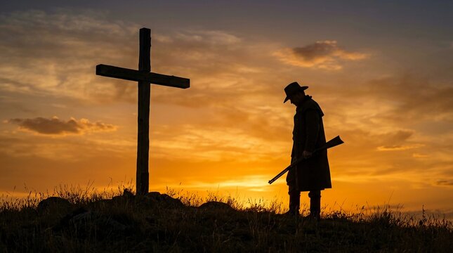 Lone cowboy standing somberly next to a rustic wooden cross at sunset while holding a vintage rifle captured in a dramatic cinematic wide golden silhouette shot