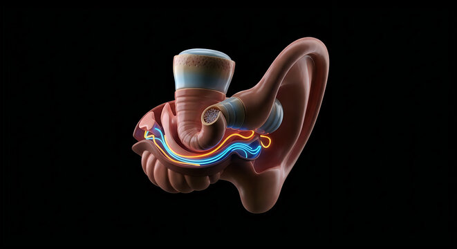 Anatomy of the human ear highlighting the cochlear implant components and auditory nerve pathways