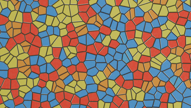 Multicolor stained glass pattern with irregular geometric shapes repeating across a seamless surface, colorful mosaic tiles interlocking in a grid