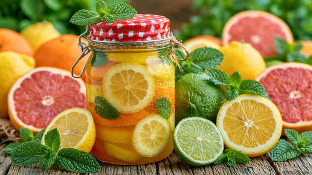Homemade Citrus Infused Detox Water in Glass Jar with Fresh Lemons, Limes, and Grapefruits