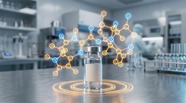 Glass vial with label standing on laboratory table with glowing holographic molecular structure overlay for pharmaceutical research and development imagery