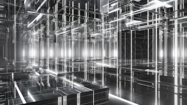 Dark digital wireframe tunnel with glowing linear perspective